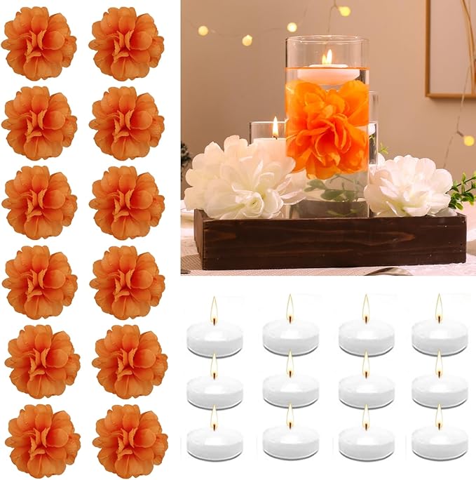 Vase Fillers, 24 Pcs Orange Floating Flowers and White Floating Candles