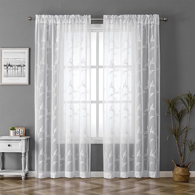 VISIONTEX White Sheer Voile Curtains, Decorative White Embroidery Faux Linen Rod Pocket Window Drapes for Home Kitchen, Living Room and Bedroom 54 x 72 Inch, Set of 2 Curtain Panels