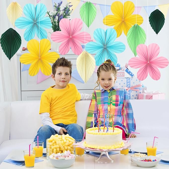 ADLKGG Paper Flowers Leaves Fan Party Decorations, Hanging Flower Wall Backdrop for Classroom Decor, Spring Party Decorations, Wedding, Tropical Jungle Forest Birthday, Fiesta Party, 12pcs