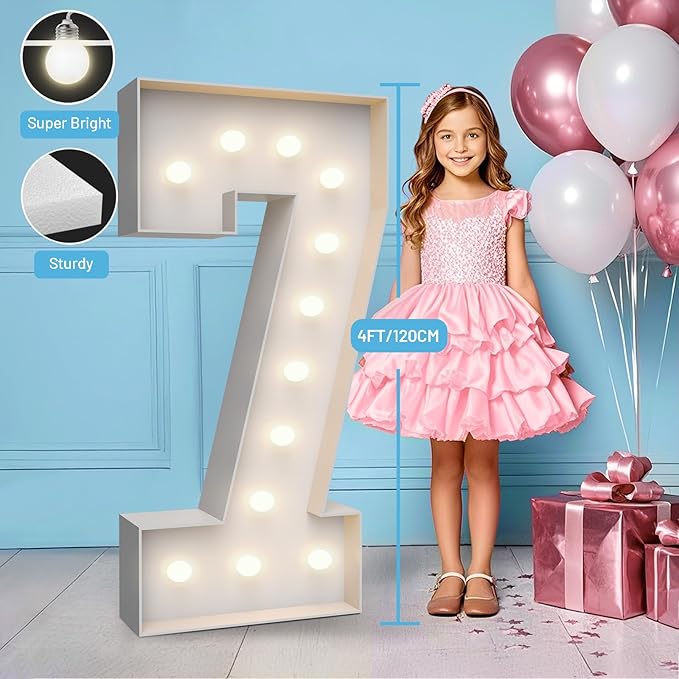 4FT Marquee Light Up Numbers 7,Party Decoration Large Marquee Light Up Letters with Weighted Water Bag,Pre-cut Foam Board Set Can Be Used for Birthdays,Weddings,Baby Anniversaries