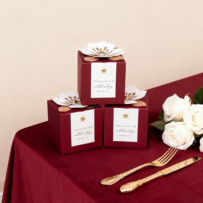 Gift Boxes, 20 Burgundy Favor Boxes with White Floral Decor and Tags