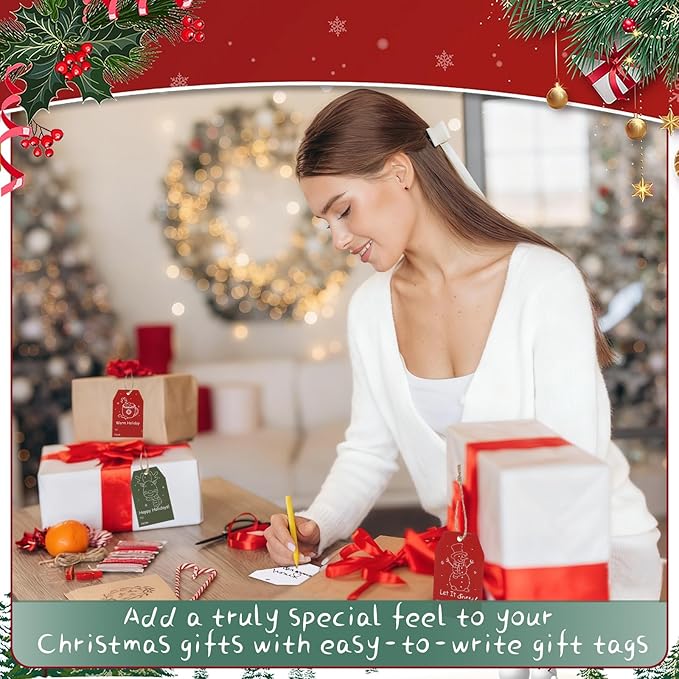 100PCS Christmas Gift Tags 10 Styles Merry Christmas Gift Tags with String Modern Kraft Name Tag for Present Wrapping Xmas Holiday Festive Party Favors