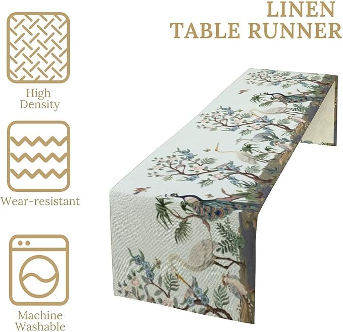 Peacock Table Runner,Retro Chinese Peonies Flowers Peacock Table Runner for Home Kitchen Dining Party Indoor Outdoor Decoration 13x90 Inch
