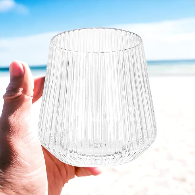 Wine Glasses, 18 Pack Clear Stemless Ripple Plastic, 12 Oz