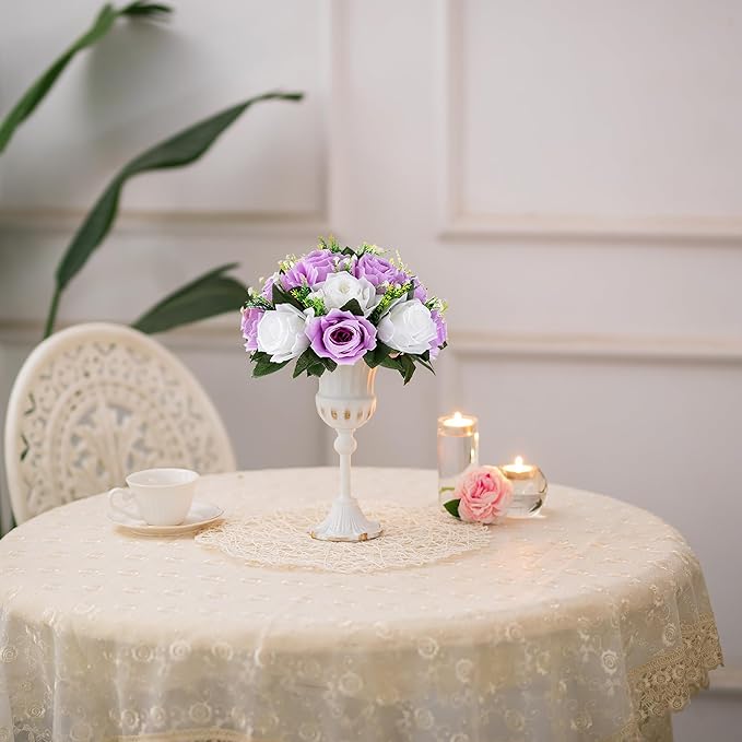 BLOSMON Lilac Flowers Balls for Centerpieces: 10 Pcs Purple White Fake Roses Flower for Wedding Table - Artificial Silk Kissing Bouquet Floral Arrangement Center for Home Party Event Decor