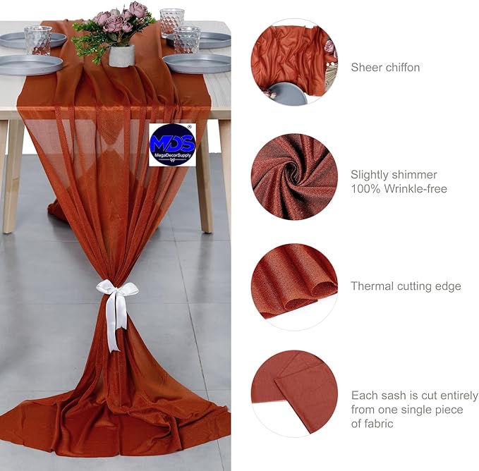 MDS Halloween Chiffon Table Runner - 1 Pack, 29 x 170 Inches, 14ft Each - Sheer Spooky Table Runners for Haunted House Parties, Trick-or-Treat Tables, Witchy Décor, Wedding & Events - Terracotta