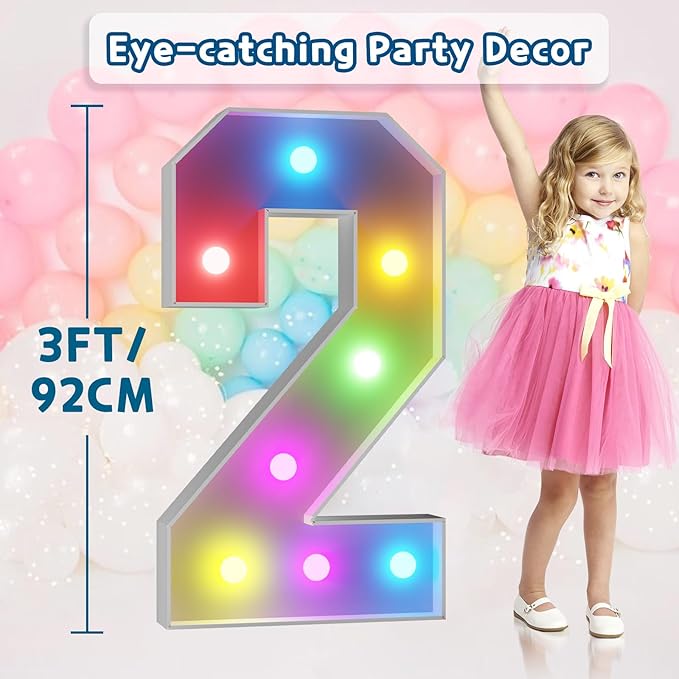 Marquee Number Light Sign 2, 3 ft LED Party Decor with Remote