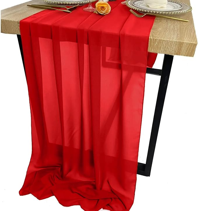 EHLDekol Chiffon Table Runners Romantic Sheer Wedding Table Runner Top Table Bridal Party Decoration (Red, 10ft, 10Pack)