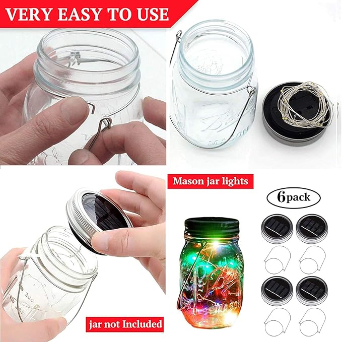 VOOKRY 6 Pack Solar Mason Jar Lights, 30 LED Mason Jar Lids Waterproof Firefly Fairy String Lights with 6 Hangers(No Jars), for Outdoor Patio Garden Yard Lawn Party Wedding Decoration - Multicolor