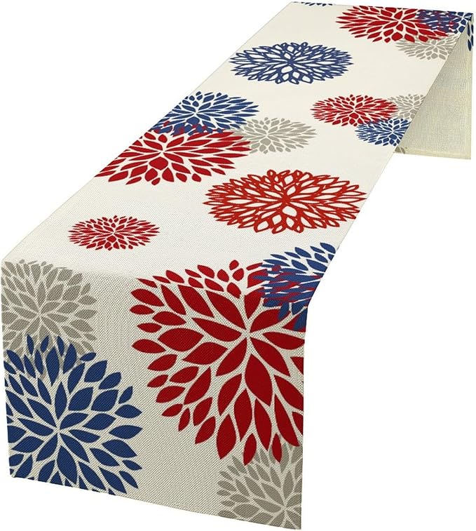 4th of July Table Runner, Blue Red Dahlia Flower American Patriotic Memorial Day Table Runner for Farmhouse Kitchen Dining Table Party Decor, 13x60inch