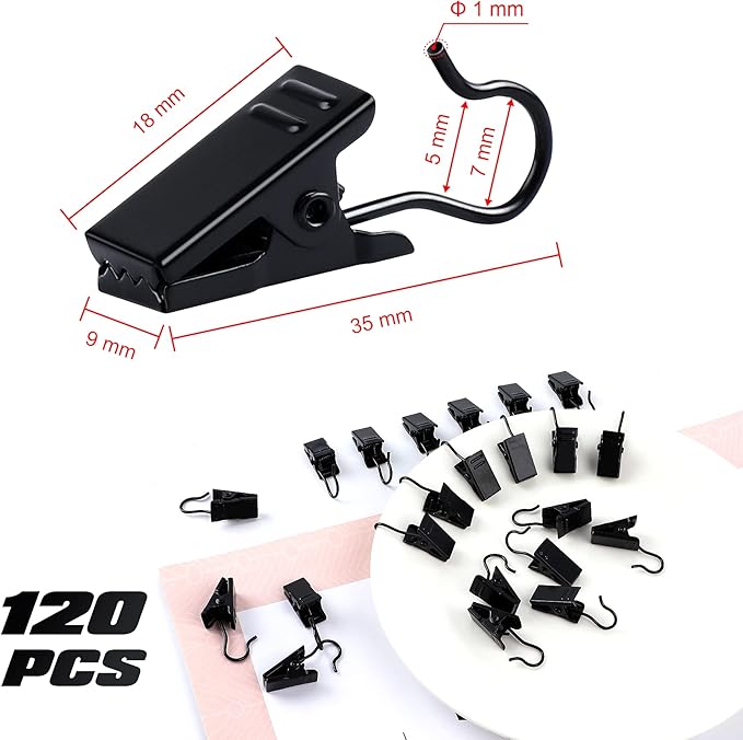 JANYUN 120 Pack Clip Hook Set Stainless Curtain Clips for Curtain Photos Home Decoration Art Craft Dispaly Hang Clip (Black)