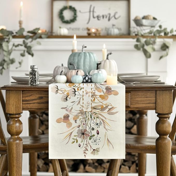 Artoid Mode Wildflower Leaves Floral Fall Table Runner, Autumn Thanksgiving Kitchen Dining Table Decoration for Indoor Outdoor Home Party 13x120 Inch