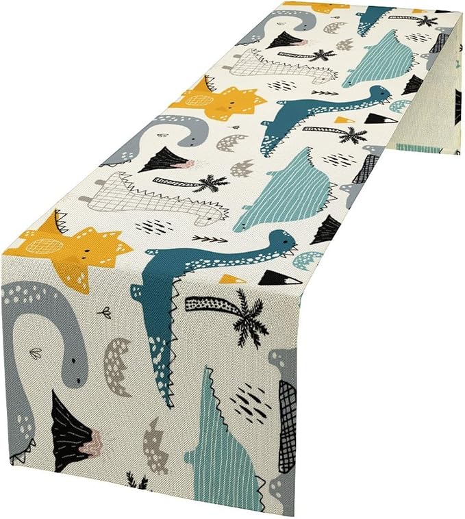 Cartoon Dinosaur Table Runner,Kids Boys Cute Various Dino Moutain Modern Abstract Print Tablecloth Burlap for Hotel Indoors Outdoor Dining Room Kitchen Holiday Party, 13x36in