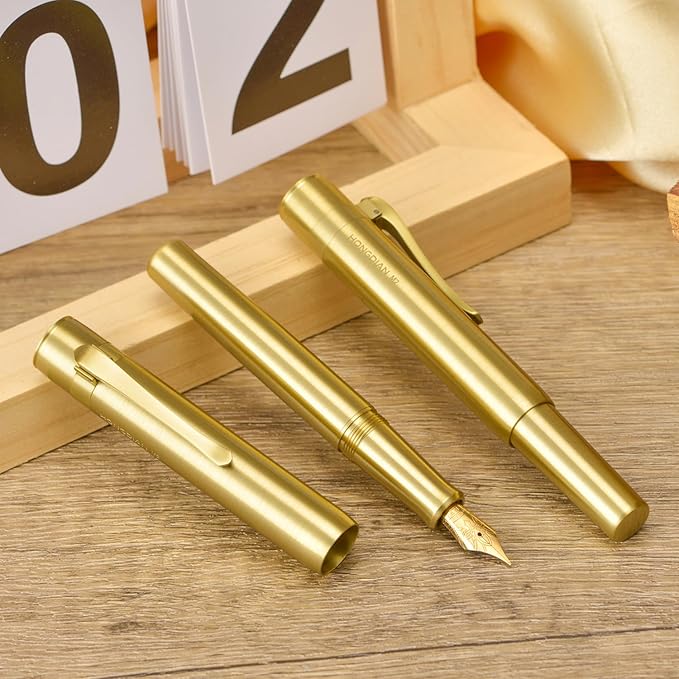 Hongdian M2 Mini Brass Fountain Pen with Extra Fine Soft Golden Nib, Sleek Shape Short Pocket Travel Pen (Glossy Brass)