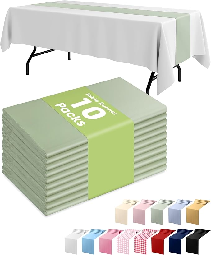 Pureegg Sage Green Plastic Table Runners - 10 Pack, 14'' x 108'', Water Resistant & Disposable Centerpiece Decorations for Table Cloth, Wedding, Birthday, Holiday, Baby Shower, Party, Home Decor