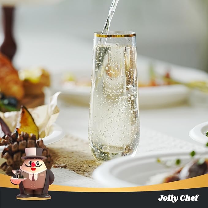 Stemware Set: 36 Gold-Rim Plastic Champagne Flutes, 9 Oz Each