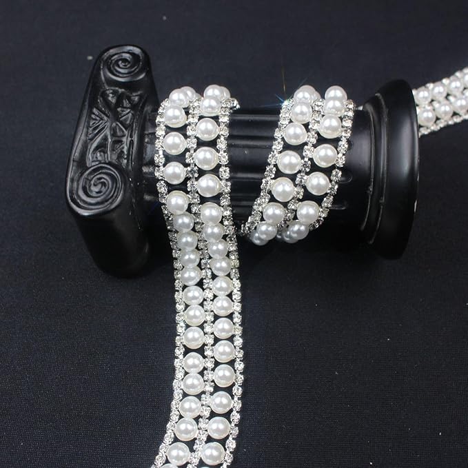 PEARLY JUN 2 Yards Pearl Rhinestone Trim Chain Silver Crystal Fringe Diamond Applique Ribbon String Tassel Strip for Sewing Wedding Dress Crafting Crafts Flower Embellishments