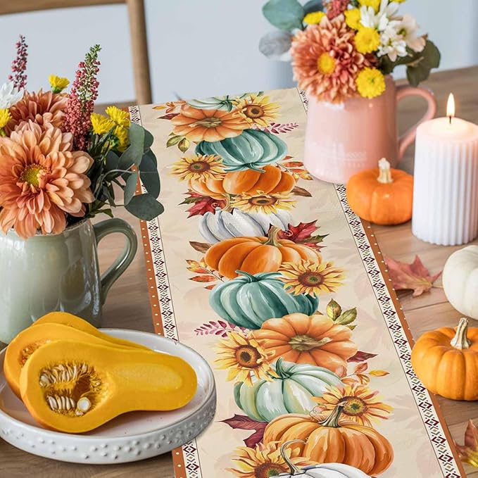 Fall Thanksgiving Southwest Cotton Linen Table Runner for Dining Kitchen, Orange Pumpkins Wedding Outdoor Party Rustic Tablerunners Decoration, Sunflower Dresser Scarf Tablecloth Runners 13x108 Inches