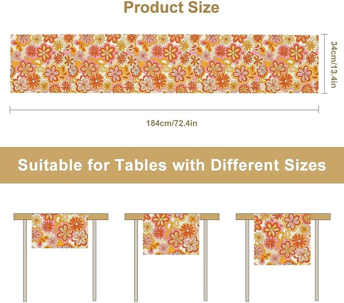 Vintage Floral Table Runner,70s Style Retro Daisies Flower Hippie Table Runner for Kitchen Dining Table Home Party Decoration 13x36 Inch