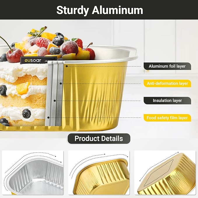 Baking Cups with Lids, Gold Aluminum Foil, 300 ml, 50 Count