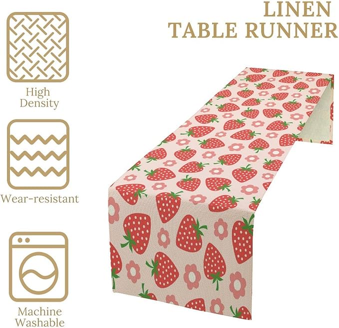 Strawberry Table Runner Spring Summer Fruit Pink Berry Forest Garden Dinner Runner for Girl Baby Shower Party Holiday Home Kitchen Dining Table Decor 13x70