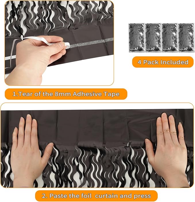 Black Foil Fringe Curtains Party Decorations - 4 Pack 3.3 ft x 6.6 ft Foil Party Curtain Streamer Backdrop for Halloween | Graduation | Fiesta Birthday Decor