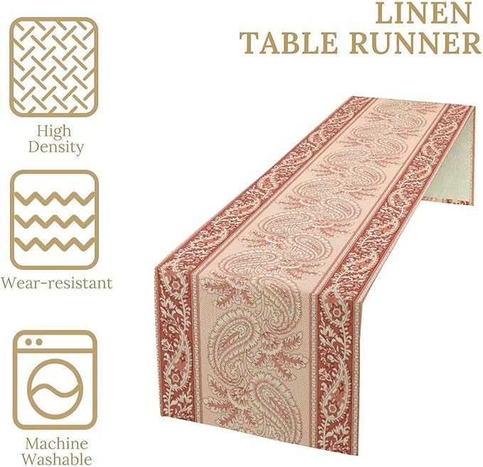 Pink Paisley Table Runner, Abstract Vintage Boho Paisley Flowers Leaves Print Table Runner for Home Kitchen Dining Room Wedding Party Decor, 13x120inch