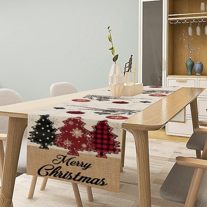 Merry Christmas Table Runner,Winter Xmas Holiday Kitchen Dining Table Decoration for Home Party Decor 13x60 Inch