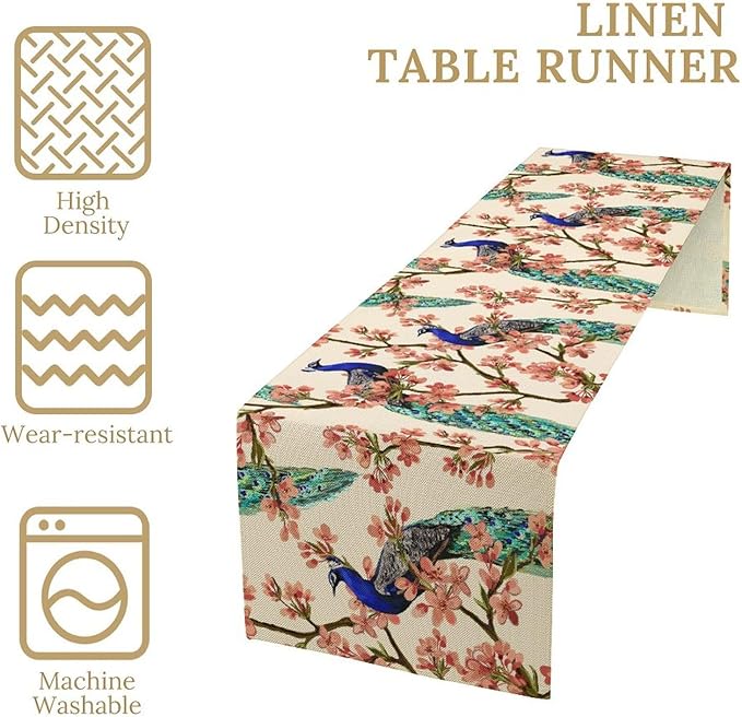 Peacock Table Runner,Spring Floral Peacock Birds Table Runner for Home Kitchen Dining Party Indoor Outdoor Decoration 13x120 Inch