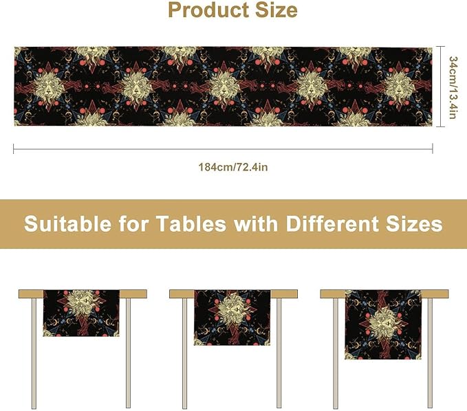 Boho Moon Lion Table Runner, Chinese Fish Phase of The Moon Sun Moon Table Runner for Kitchen Dining Table Home Party,13x90 Inch Black Red