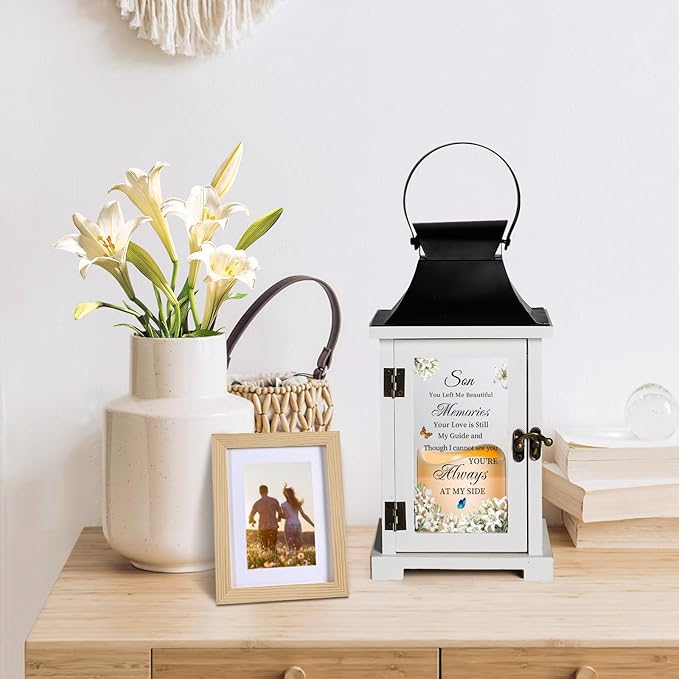 Decorative Candle Lantern, Wood and Iron Memorial with LED Flame and Gift Box
