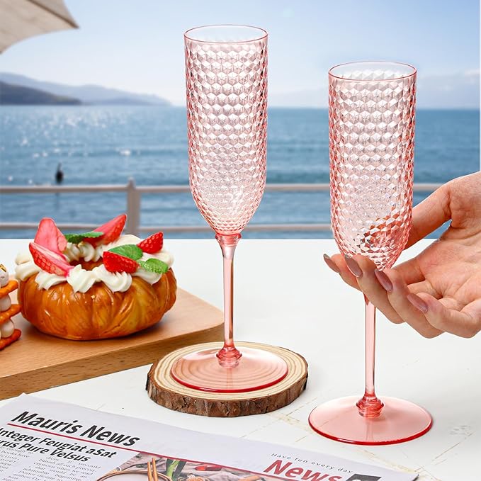 Champagne Glasses 24 Pack Pink Detachable Plastic Flutes 5.5 Oz