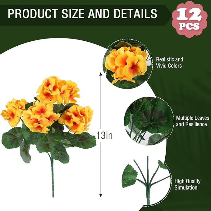 Hananona Artificial Geranium Flowers for Outdoors Geranium Silk Flowers Outdoor UV Resistant Garden Plants Faux Flowers for Home Kitchen Table Centerpieces Decor (12, Yellow)