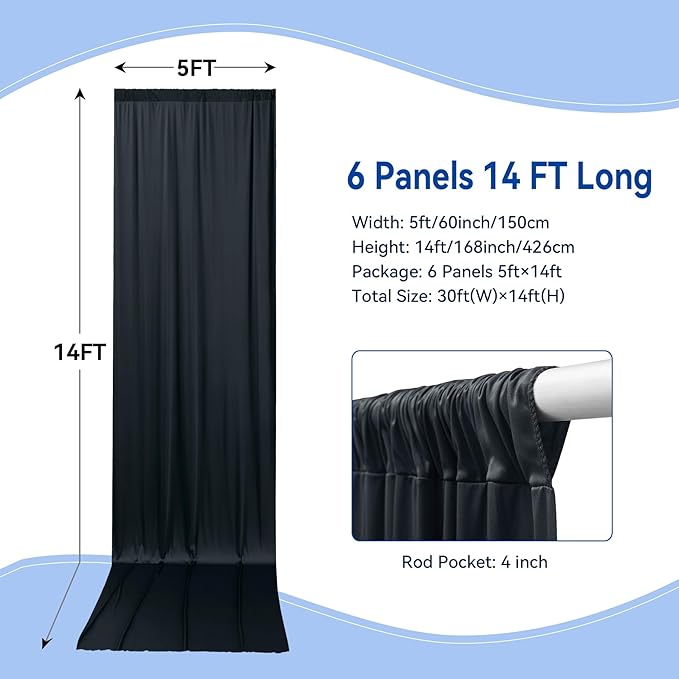 30×14ft Wrinkle Free Black Backdrop Curtain for Parties Wedding,6 Panels 5×14ft Height Soft Silky Polyester Photo Backdrop Drapes for Birthday Graduation Photography Stage Event Background Cloth