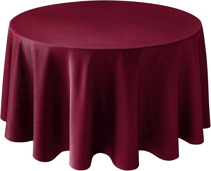 Biscaynebay Textured Fabric Christmas Round Table Cloth 132", Burgundy Water Resistant Washable Tablecloths for Outdoor & Indoor, Dining, Kitchen, Wedding & Parties