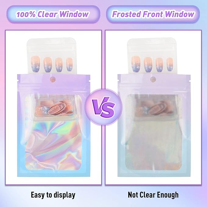 Funfery 100 Pack Holographic Bags,Resealable Bags with Zipper,Clear Window Packaging Pouch,Foil Bag for Food Storage,Sample Jewelry Bag(4.7×7In,Purple Blue)
