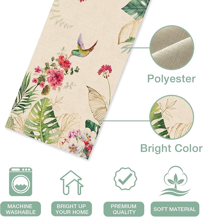 Seliem Summer Tropical Hummingbird Palm Leaf Greenery Table Runner, Spring Birds Home Kitchen Monstera Geranium Flowers Dining Decor, Seasonal Burlap Decorations Anniversary Party Supply 13 x 90 Inch