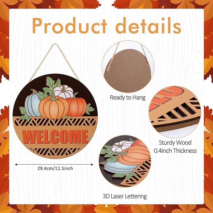 CHDITB Fall Pumpkin Welcome Front Door Sign Wreath(12"x12"), Wooden 3D Hello Fall Autumn Decoration Wall Hanging, Farmhouse Vintage Welcome Home Decor Hanger for Porch Indoor Thanksgiving