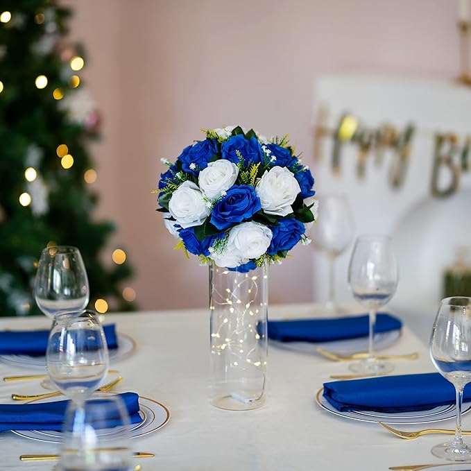 BLOSMON Rose Flowers Artificial for Decoration: 10 Pcs Royal Blue White Fake Kissing Balls for Wedding Table Centerpieces - Artificial Silk Floral Bouquet Arrangements for Home Party DIY Decor