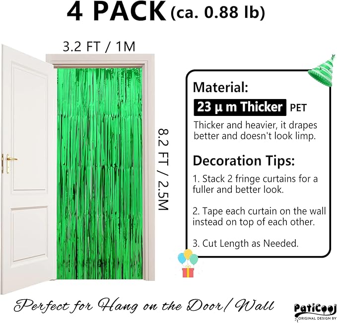 Streamers Party Backdrop Curtains, Green Metallic PET, 4 Pack 3.2 x 8.2 FT