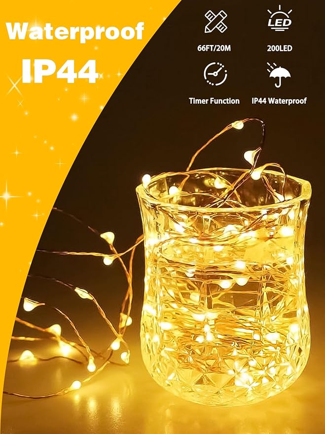 2 Pack 200LED Battery Operated Fairy Lights with Remote, 8 Modes LED String Lights with Timer, Dimmable, Memory Function, Waterproof Twinkle Lights for Outdoor Indoor Christmas Decor(Warm White)