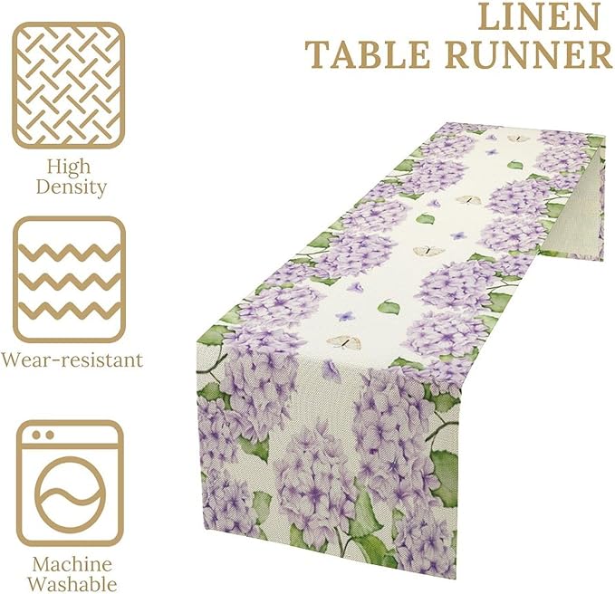 Watercolor Hydrangea Flower Table Runner, Spring Summer Seasonal Plants Butterfly Pink Lavender Dinner Runner for Home Kitchen Dining Table Party Holiday Decoration 13"x90"
