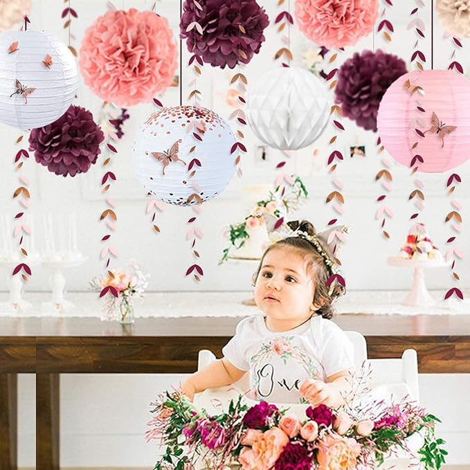 Banner Kit: 40 Pieces in Burgundy and Rose Gold with Paper Lanterns
