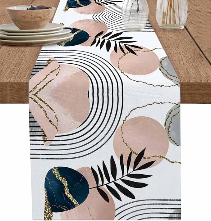 Modern Boho Cotton Linen Table Runner for Dining Kitchen, Wedding Outdoor Party Tablerunners Decoration, Abstract Bohemian Tropical Palm Leaf Dresser Scarf Coffee Tablecloth Runners 13x60 Inches