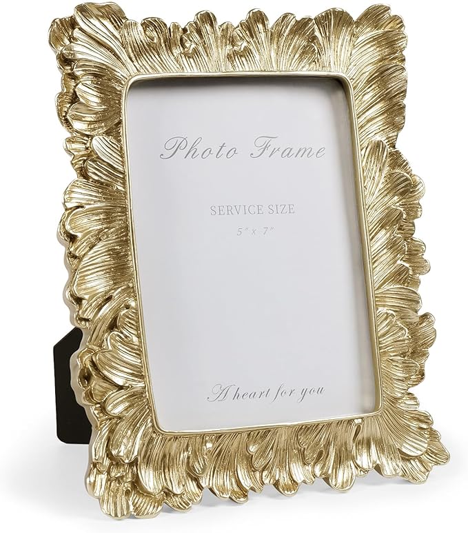 Cuspin Gold 5x7 Picture Frame, Vintage Gold Palm Leaves Textured Hand-Crafted Resin with Glass Front Elegant Retro Vintage Design Photo Frame for Wall and Tabletop Display Home Decor