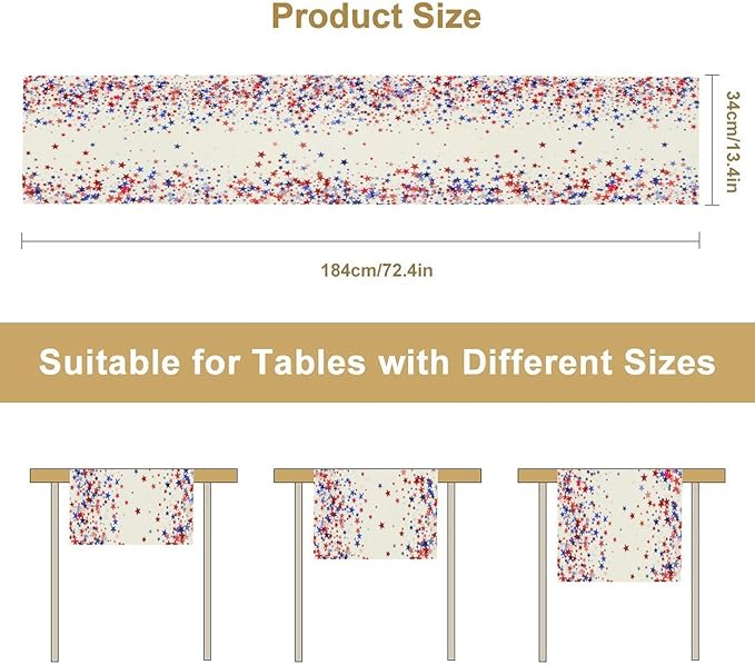 Independence Day Table Runner, 4th of July Red Blue Stars American President Day Holiday Confetti Print Table Cover for Kitchen Dining Table Indoor Outdoor Party, 13x70inch