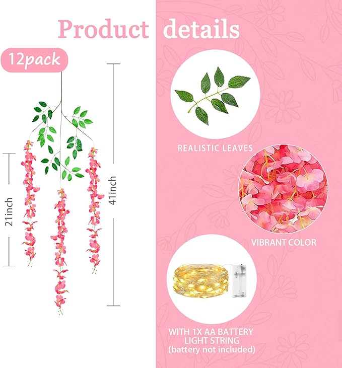 12 Pack Dark Pink Wisteria Hanging Flowers Garland with Lights, 3.44 Feet Artificial Flower Vines, Fake Wisteria, Artificial Vines Hanging Garland for Backdrop Outdoor Patio Garden Decor