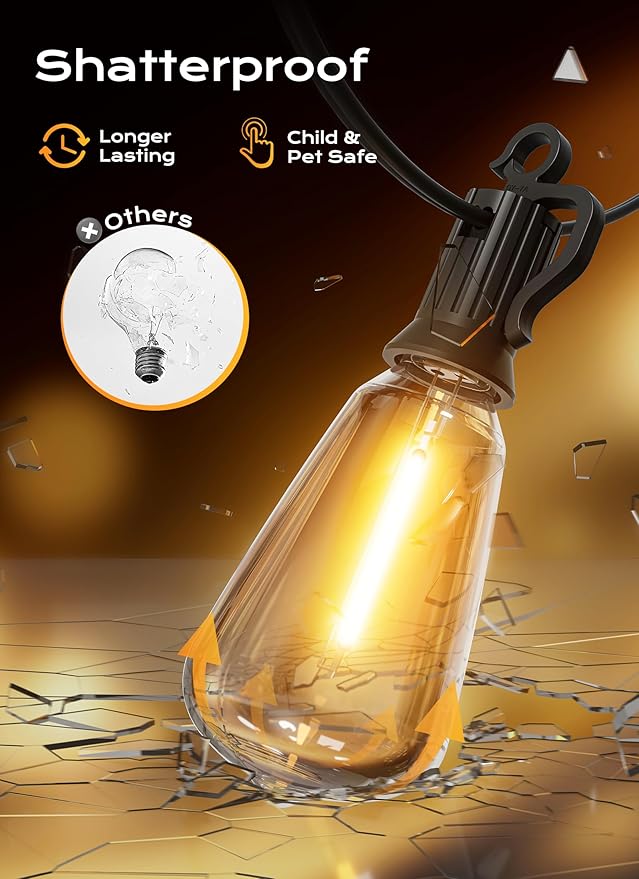 String Lights for Outdoor Patios, 100 Ft Warm White Shatterproof Bulbs