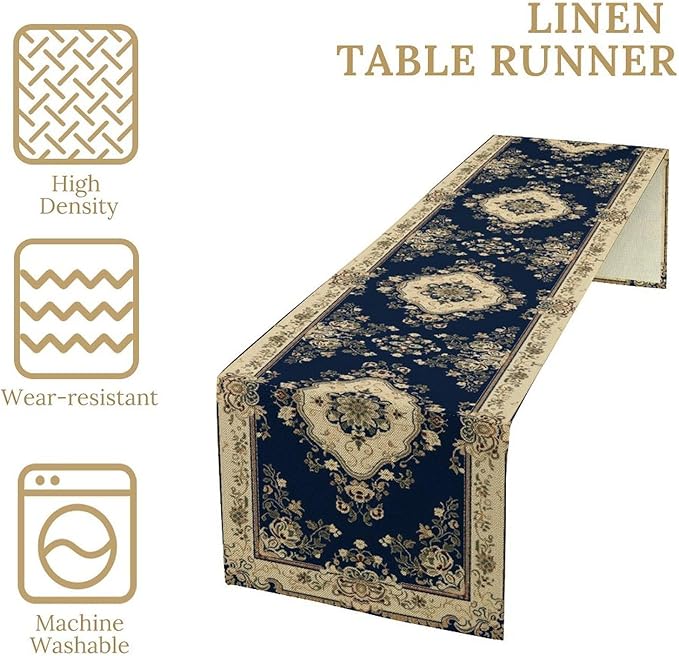 Vintage Elegant Farmhouse Table Runner Blue Beige Flower for Home Farmhouse Kitchen Table Dining Coffee Room Garden Party Wedding Decor 13x120in