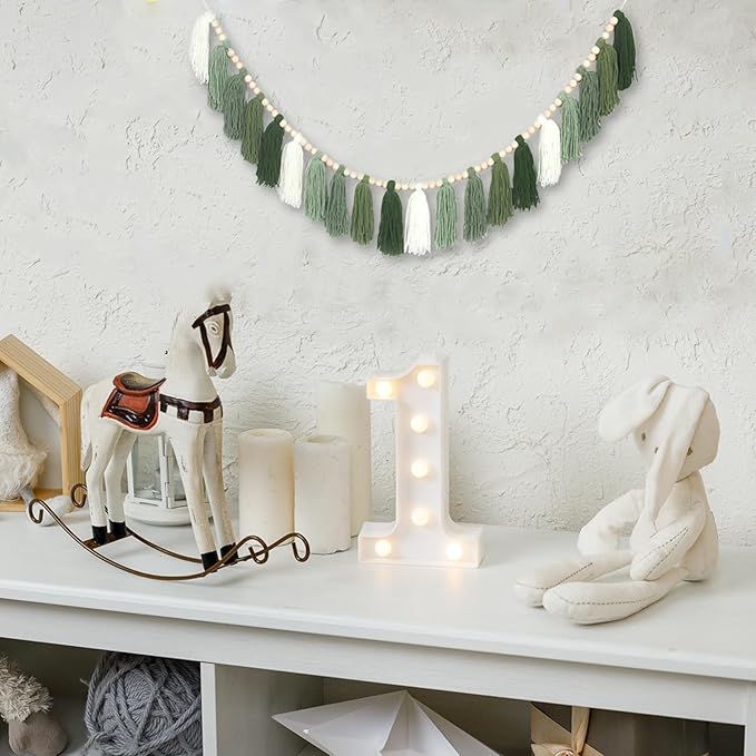 Tassel Garland, 20 Yarn Tassels, 65 Inch, Sage Green Boho Wall Decor